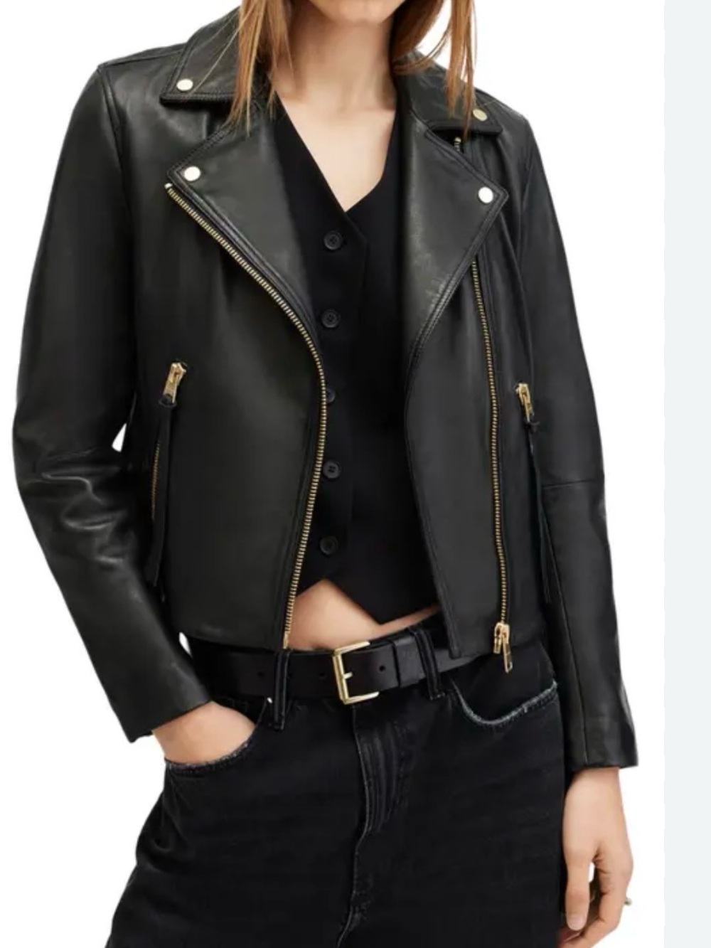 All Saints Black Leather Biker Jacket with Gold Hardware Accents - Picture 3 of 15
